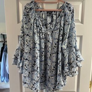 Chaps Blue and White Floral Tie-Neck Ruffle Sleeve Tunic